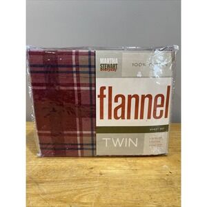Vtg Martha Stewart Flannel Twin Sheet Set Red Plaid‎ Lodge Camp 100% Cotton